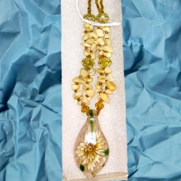 Murano Fused Glass Pendant on Yellow Beaded Necklace - Picture 3 of 14